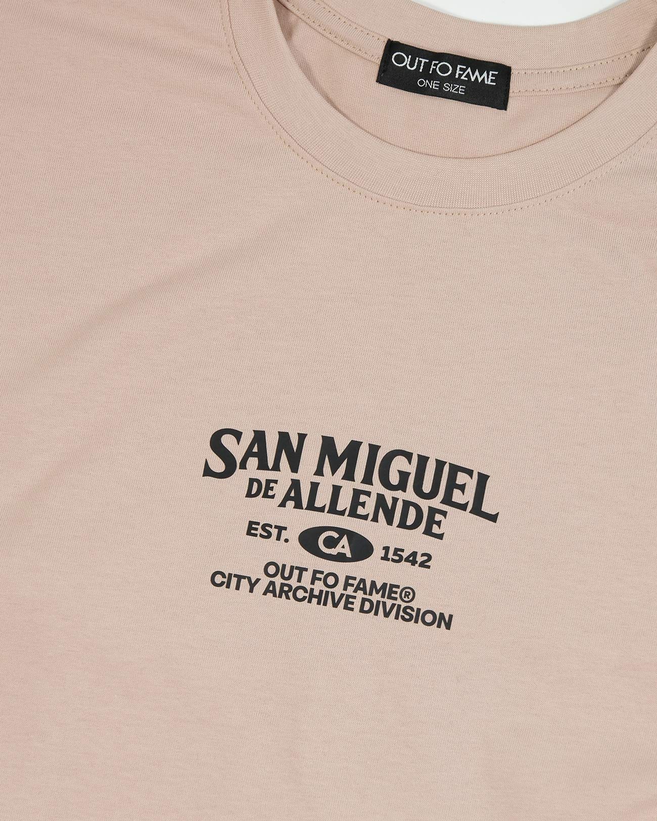 Детальный вид принта San Miguel de Allende на бежевой футболке Out Fo Fame