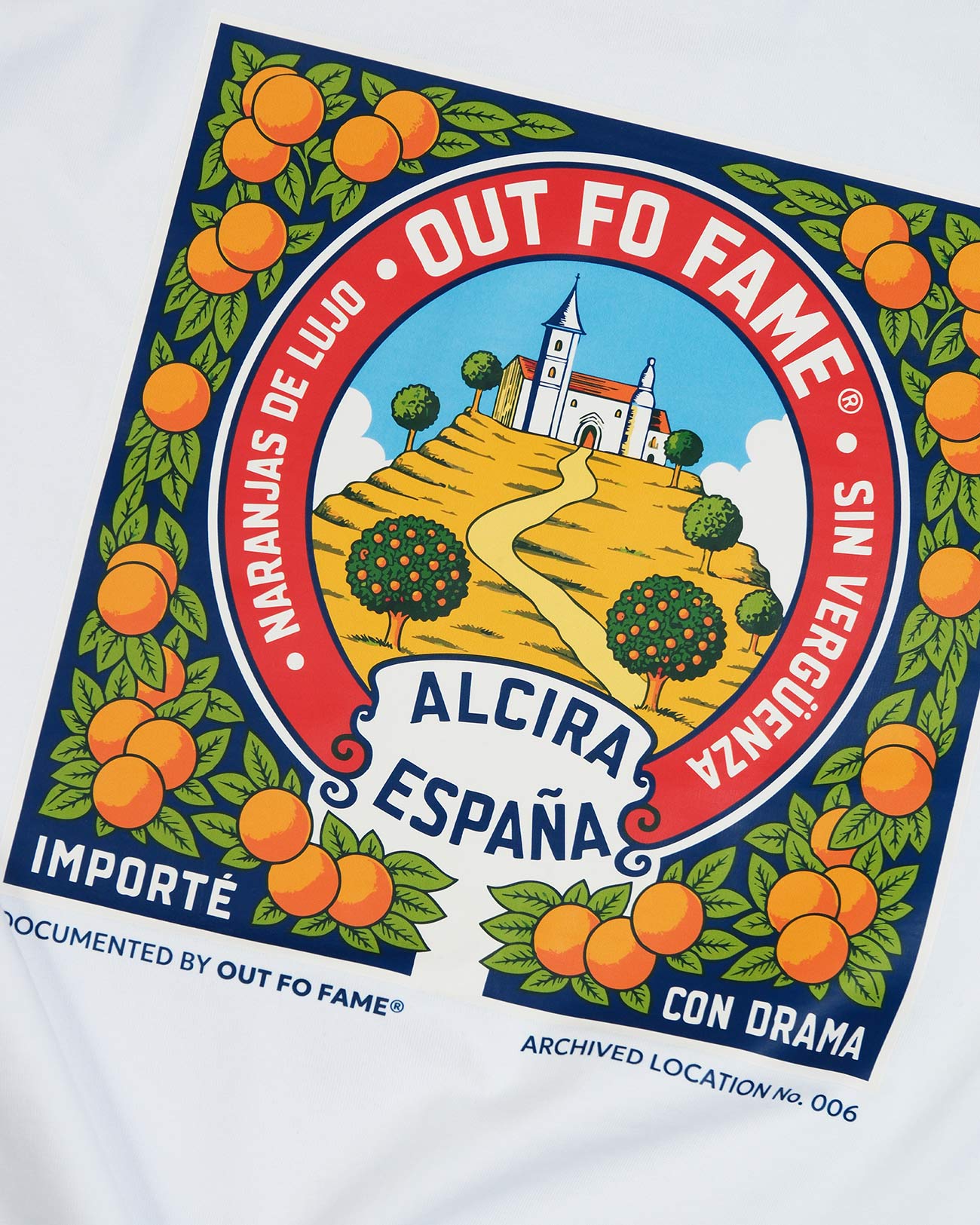 Детализация принта AlCira España с иллюстрацией апельсинов и архитектуры на спине футболки