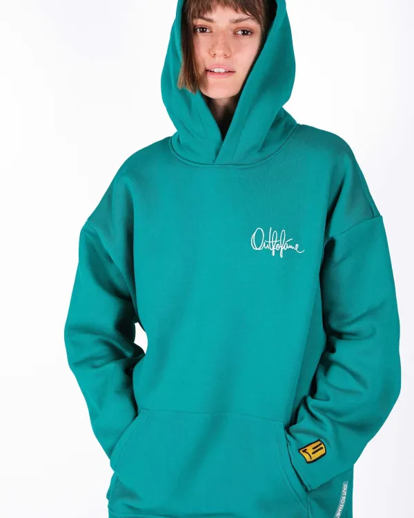 Худи oversize кроя с вышивкой яркого цвета АУТ ФО ФЭЙМ
