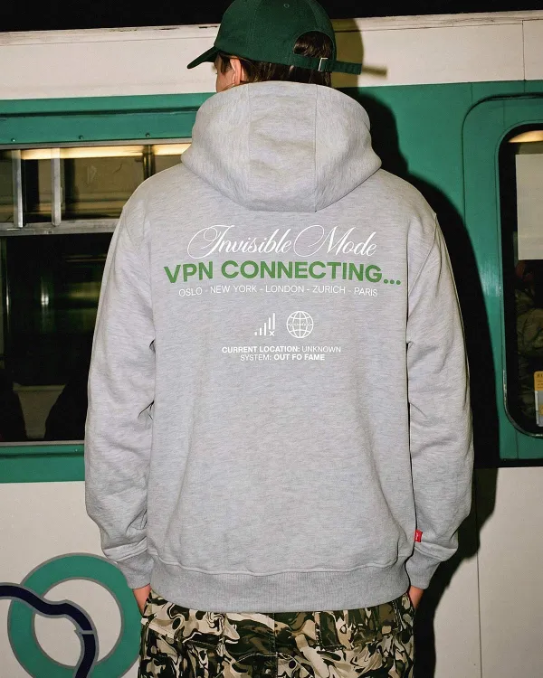 Худи серый меланж с принтом на спине VPN CONNECTING