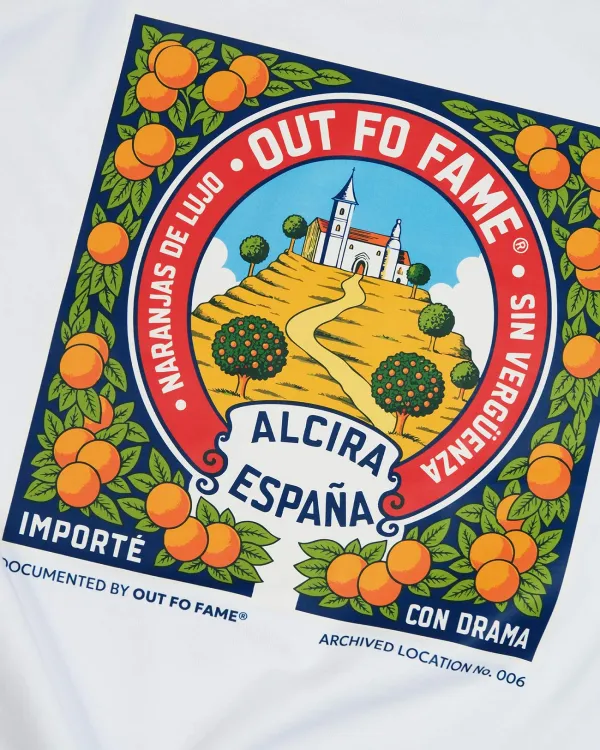 Детализация принта AlCira España с иллюстрацией апельсинов и архитектуры на спине футболки